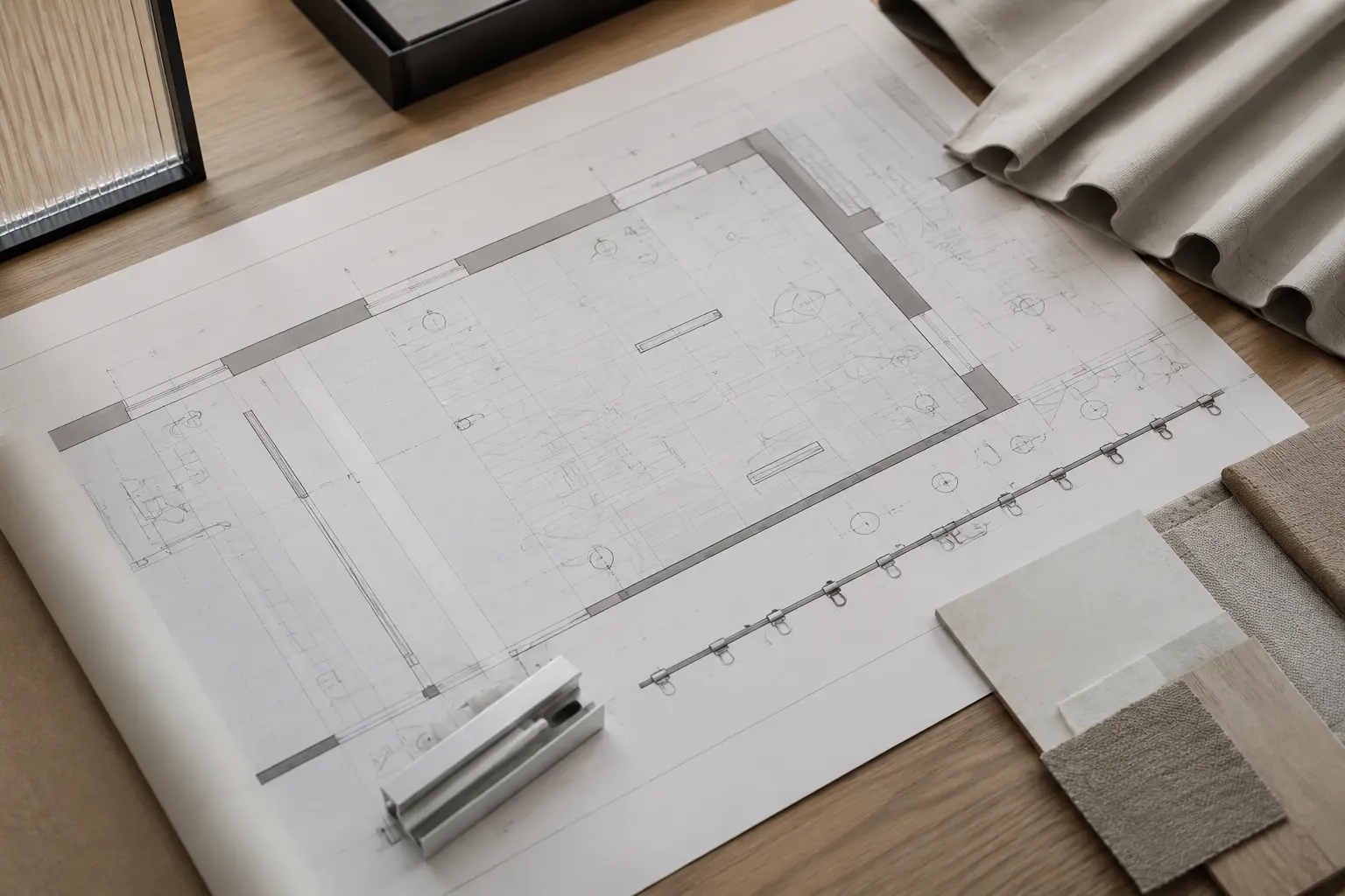 Reflekteret loftplan med skinnelinjer og materialer på et arbejdsbord