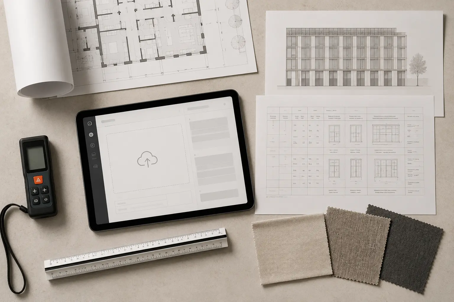 Project desk seen from above with floor plan, window schedule, laser measure and textile samples