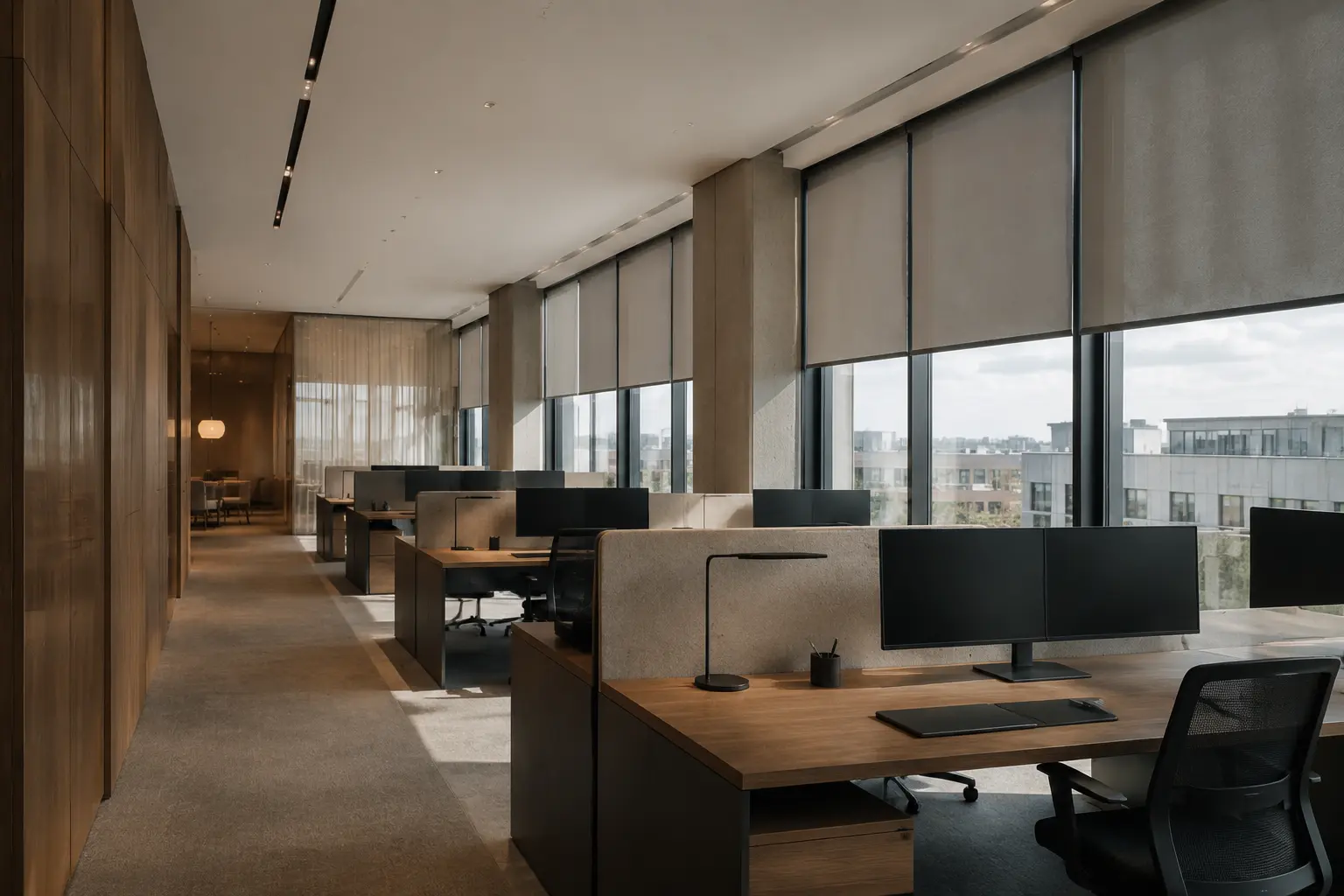 Workplace with discreet interior screens and controlled daylight