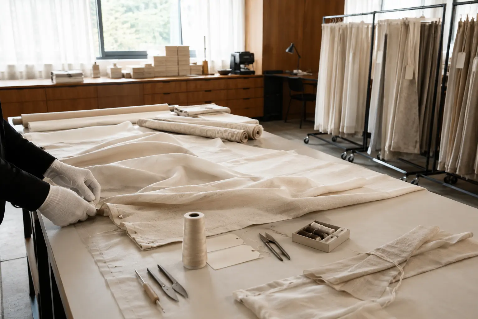 Professional textile workshop registering and altering curtain panels