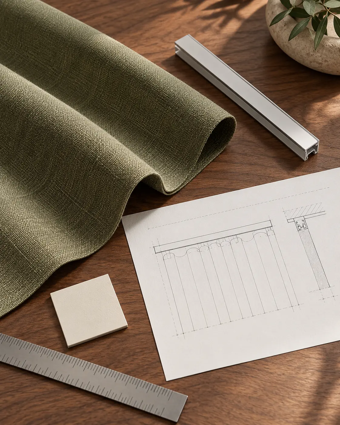 Textile, slim track sample and installation drawing arranged as cost drivers