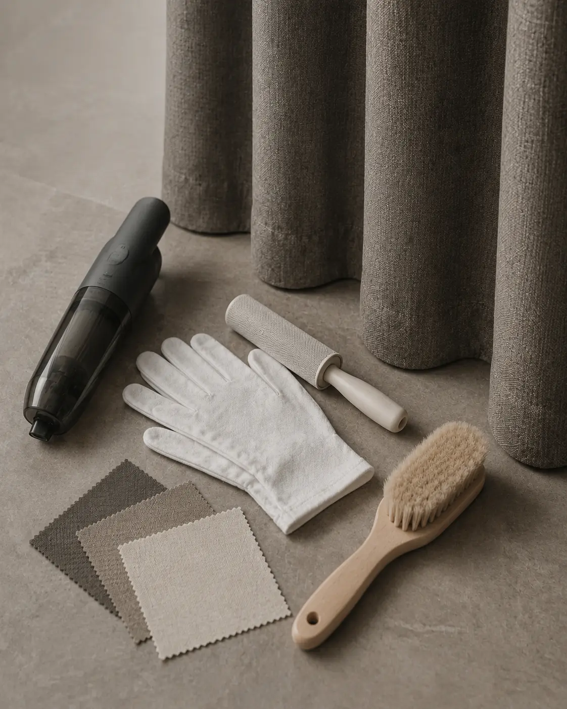 Professional service kit beside a hung contract curtain