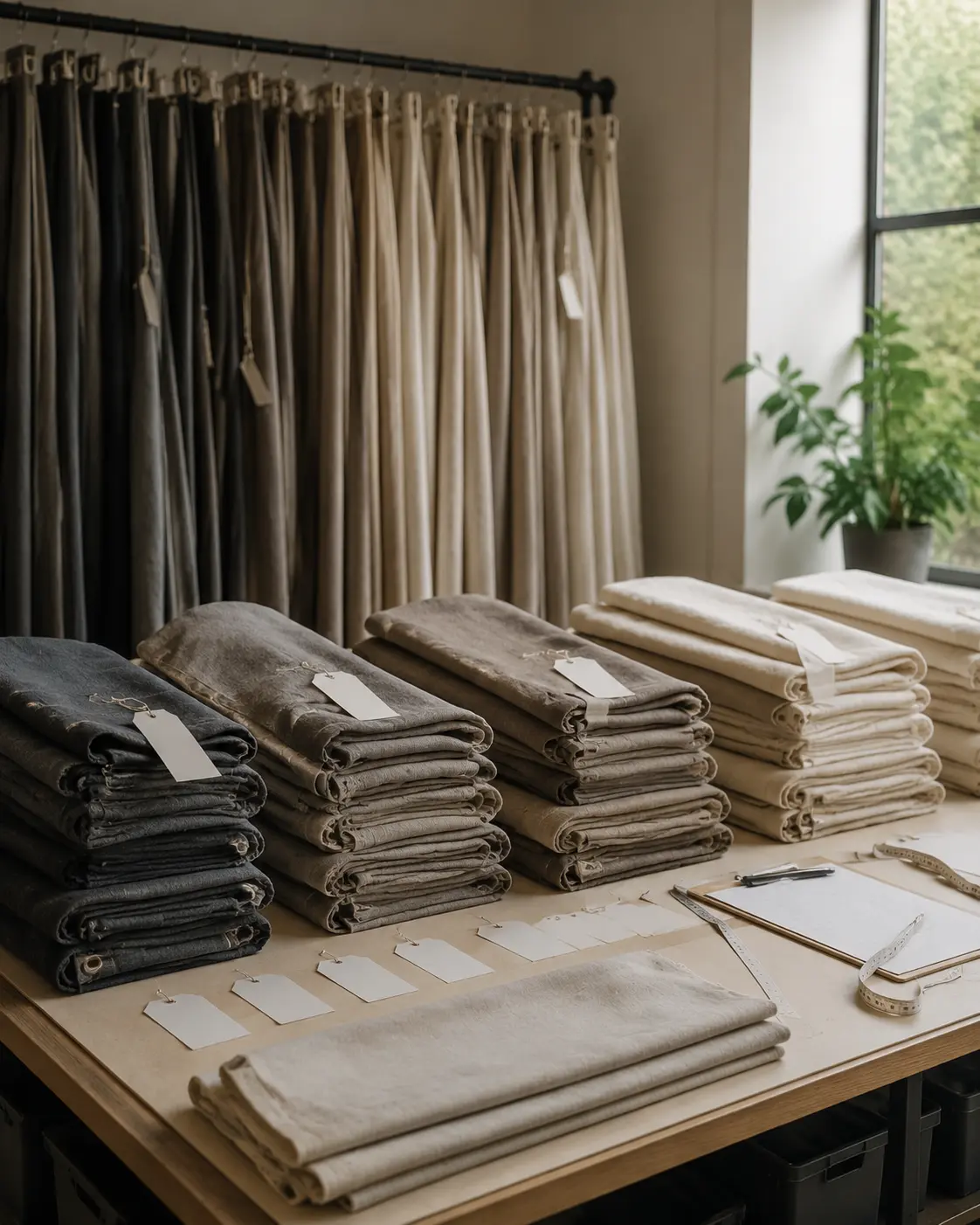 Numbered curtain panels folded for a new room distribution