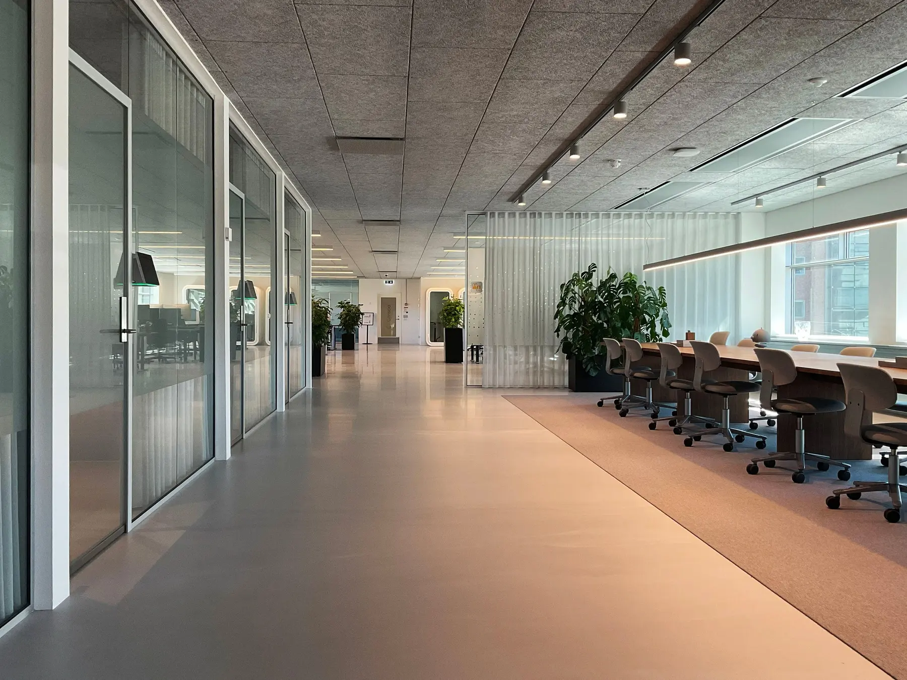 Open office space in Østerbro with transparent curtains along glazed areas