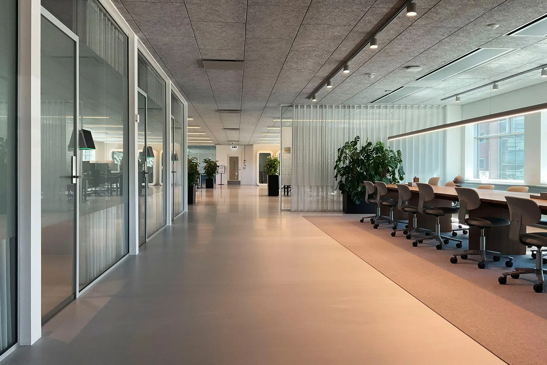 Open office space in Østerbro with transparent curtains along glazed areas