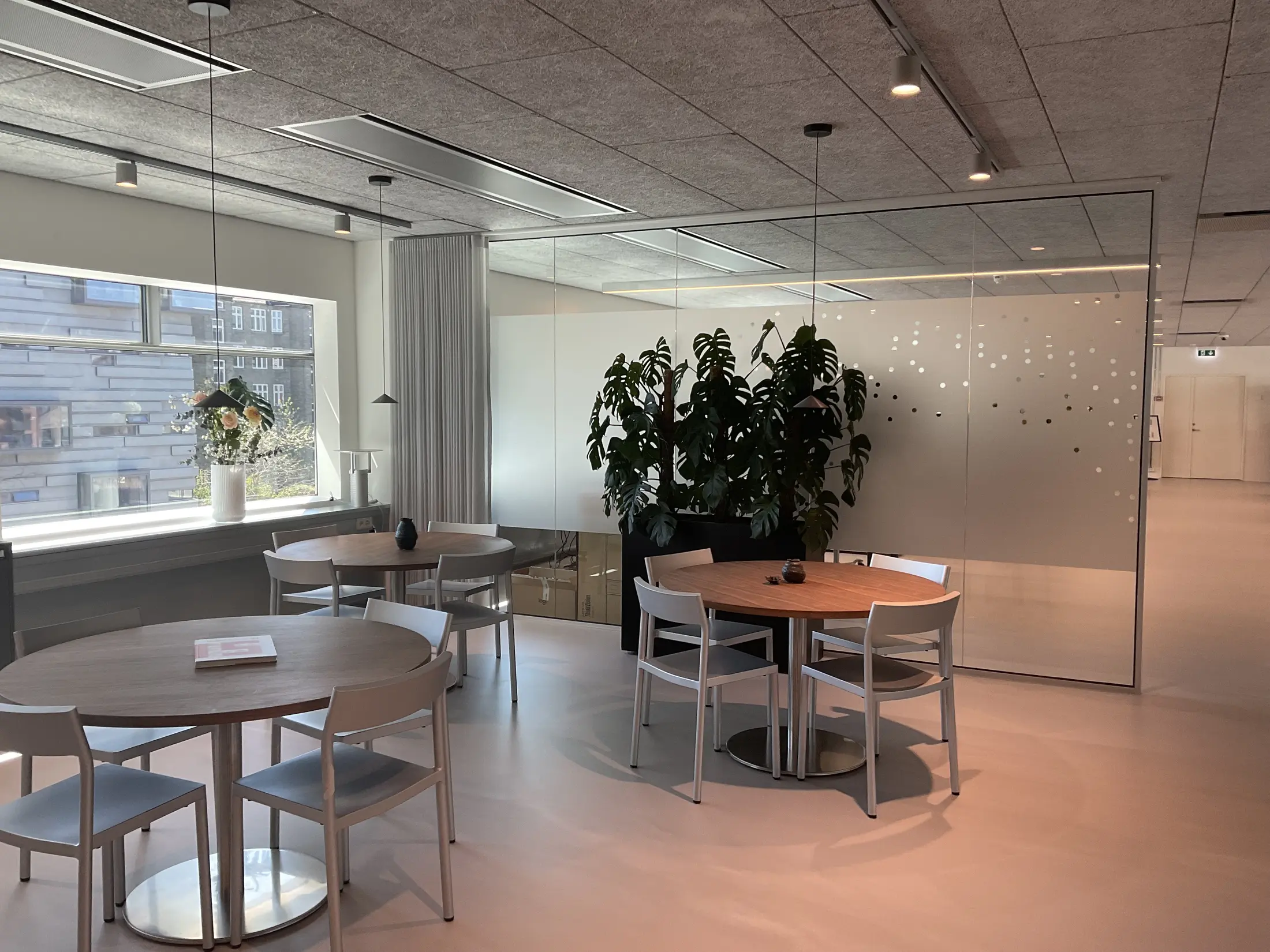 Collaboration area in an office with a glass partition and sheer curtains