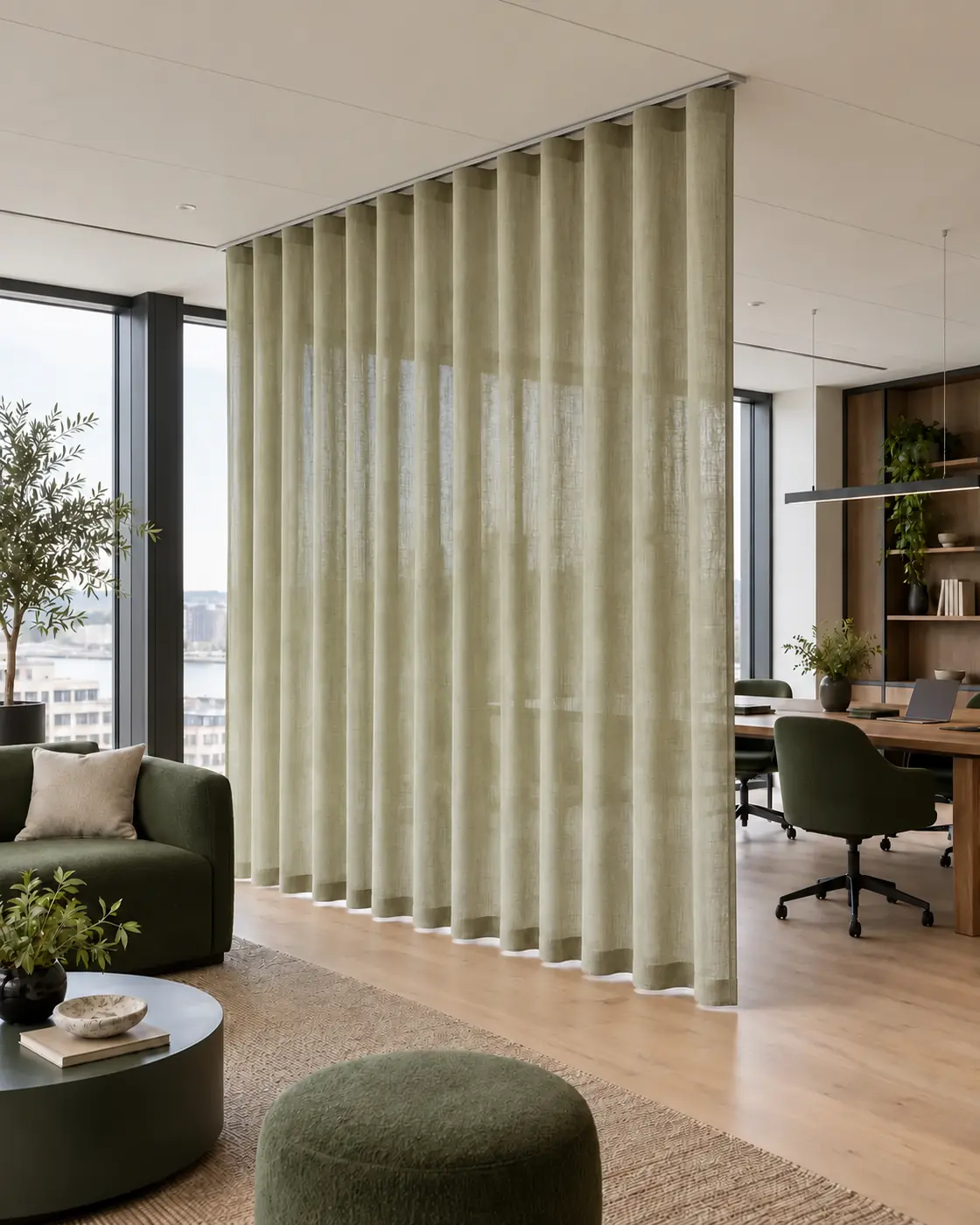 Office zone divided by curtains in wave folds on visible surface-mounted ceiling tracks