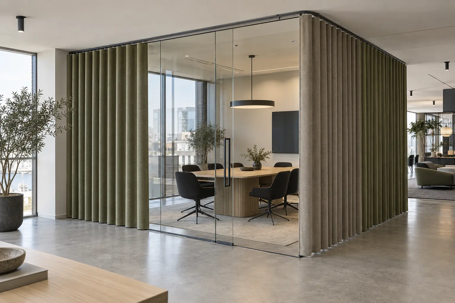 Project meeting room with curtain in front of glass and hard surfaces