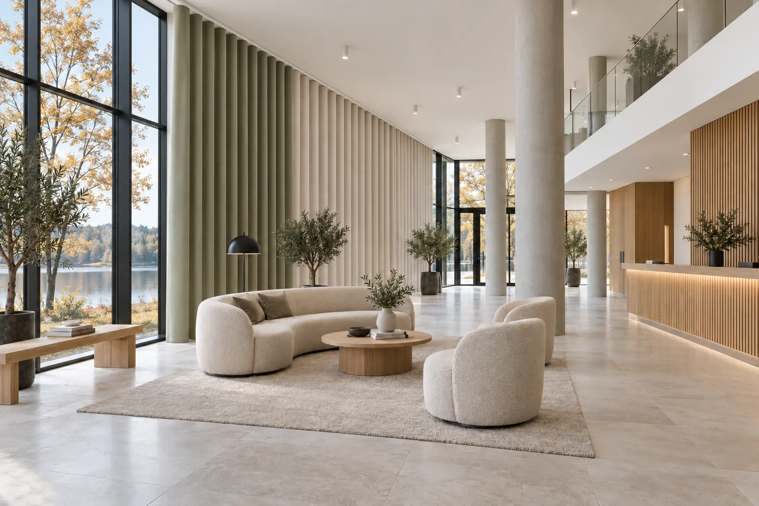 Public foyer with acoustic textiles in wave folds on a visible surface-mounted track