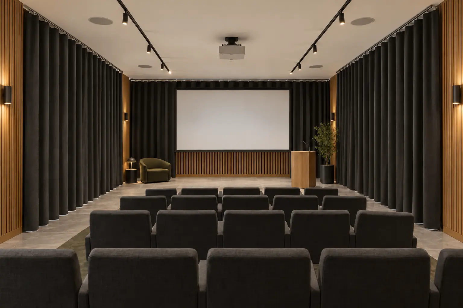 Auditorium with blackout curtains at tall side windows