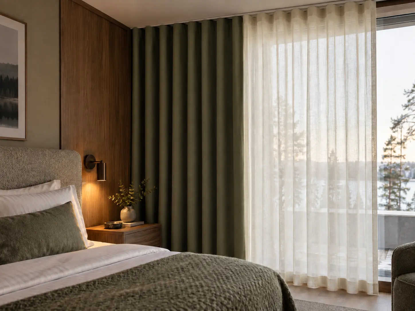 Hotel bedside detail with sheer and blackout curtain hung close to a visible double ceiling track
