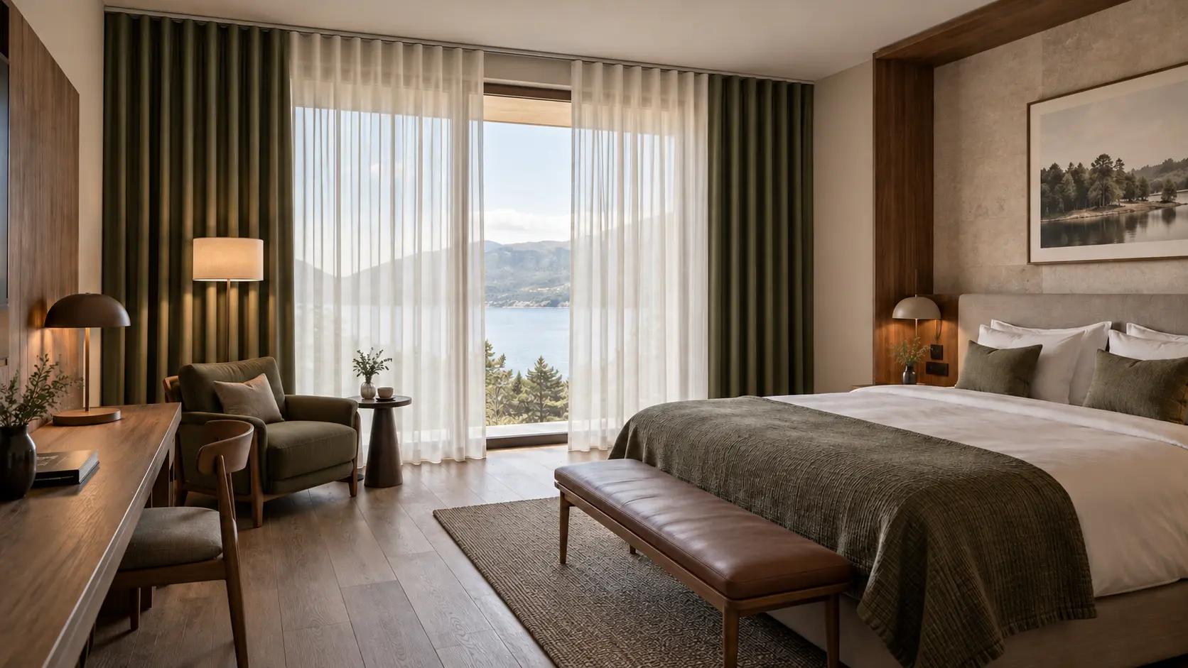Hotel guest room with bed, sheer and blackout curtains in even wave folds on a visible double ceiling track