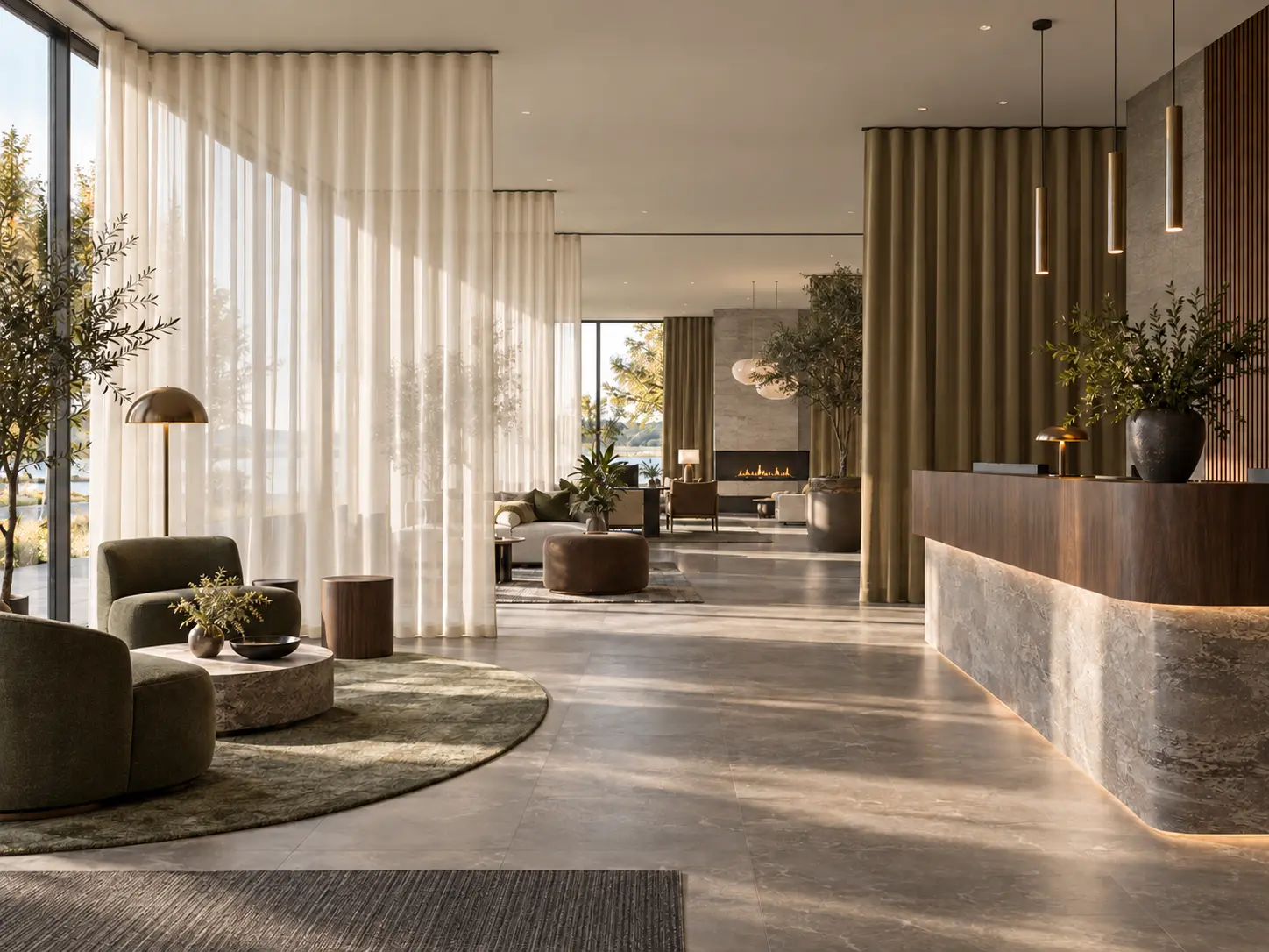 Hotel reception with tall sheer curtains in even wave folds used for zoning