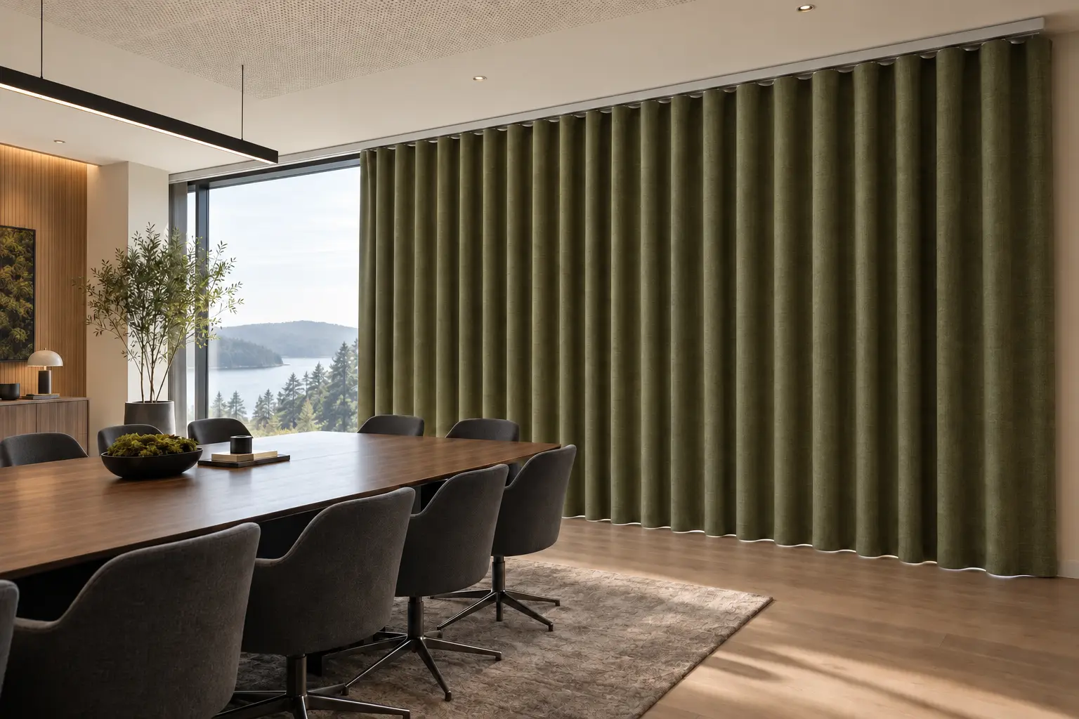 Boardroom med gardiner i flere præcise dagslysscenarier