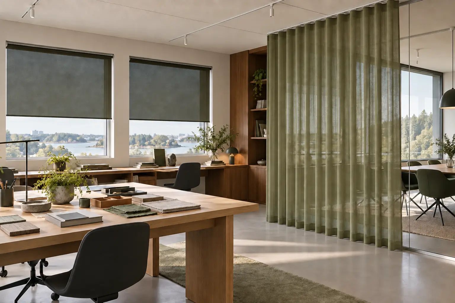 Design studio with screen-based workstations and precise glare control