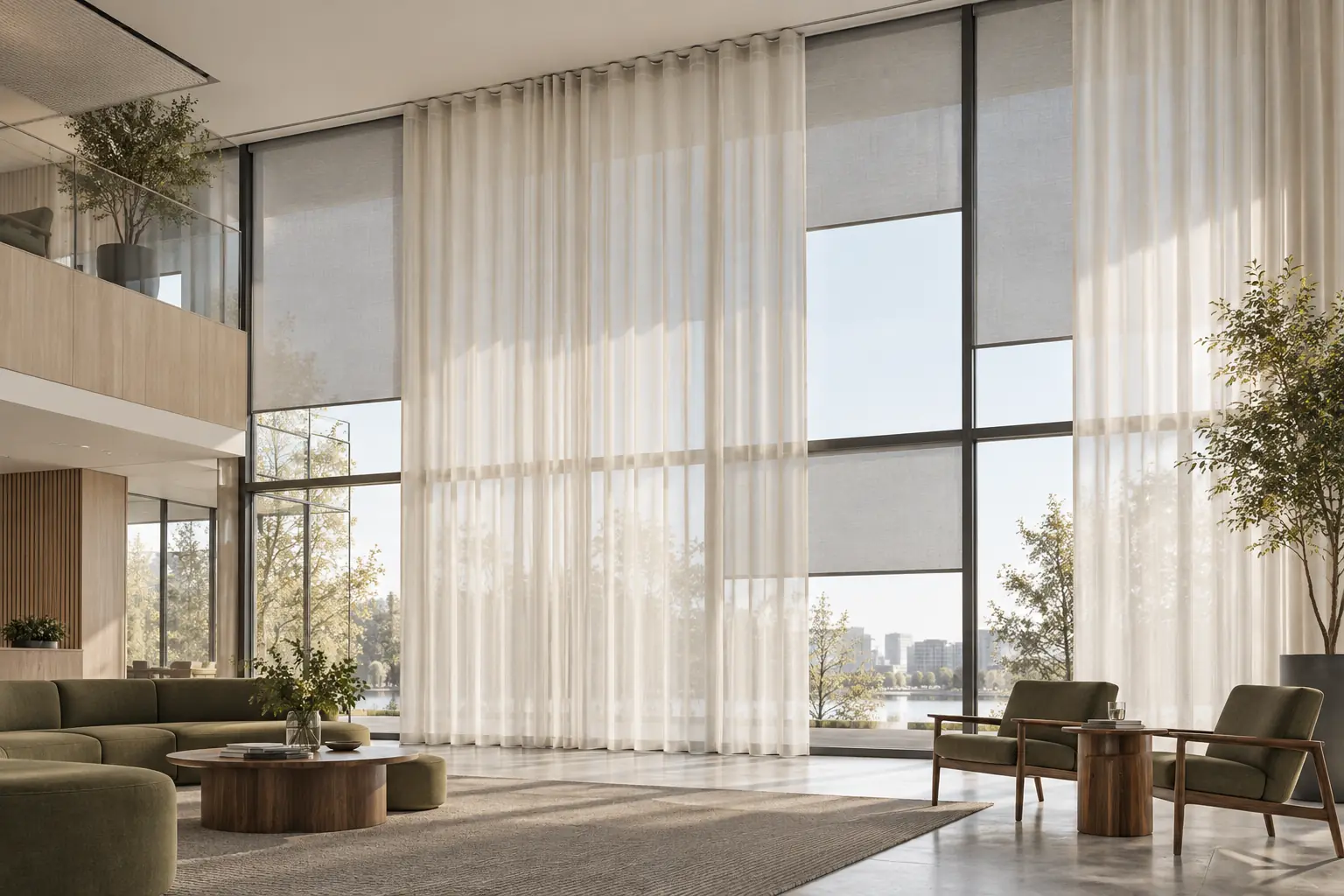 Tall atrium with internal screens on visible surface-mounted fixings