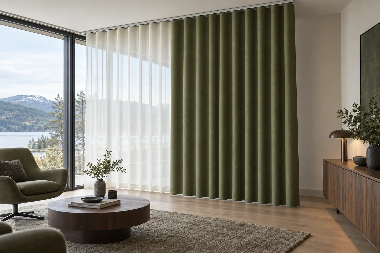 Double-track solution for sheer and blackout in a hotel corridor