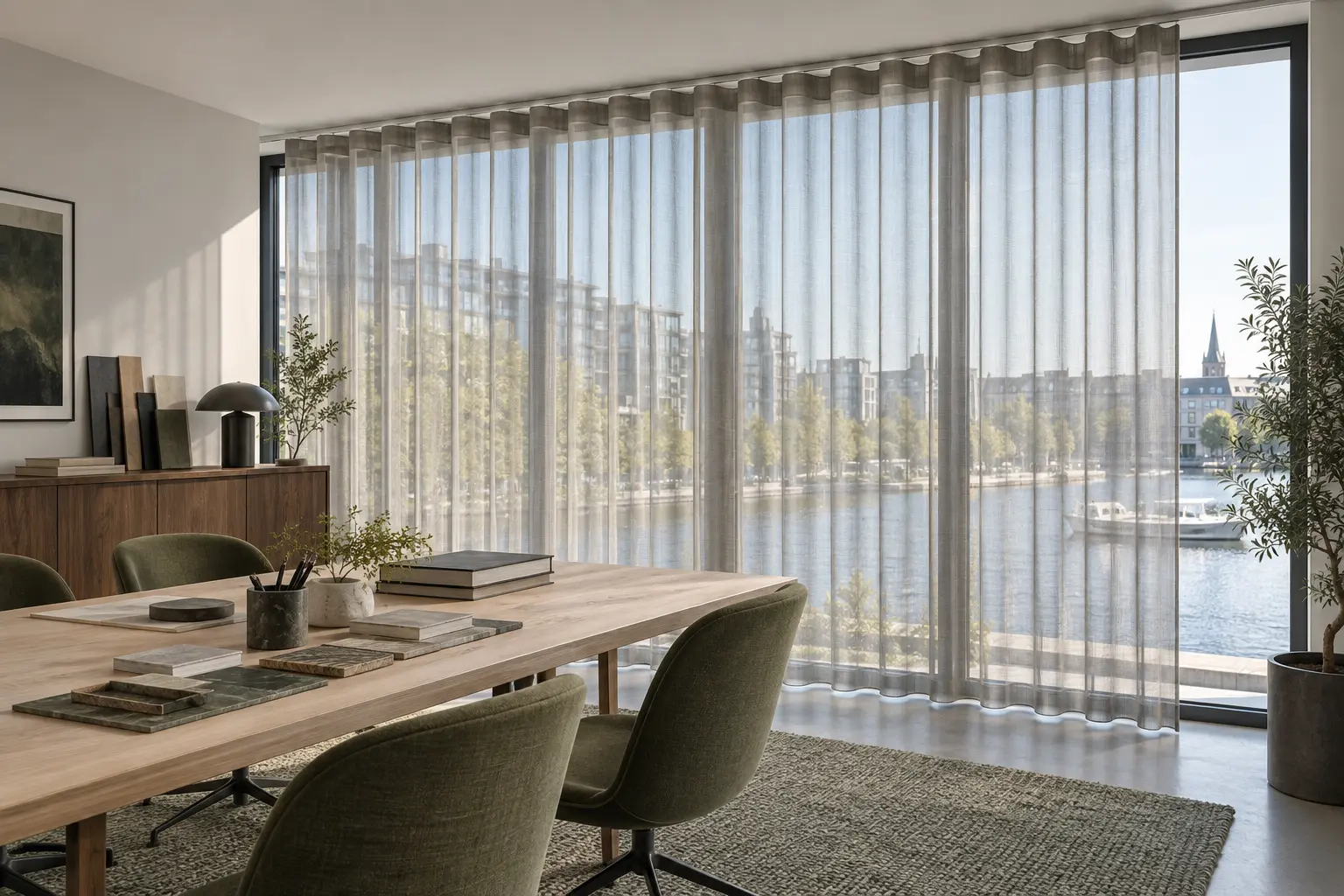 Arbejdsrum hvor sheers filtrerer skarpt nordisk dagslys