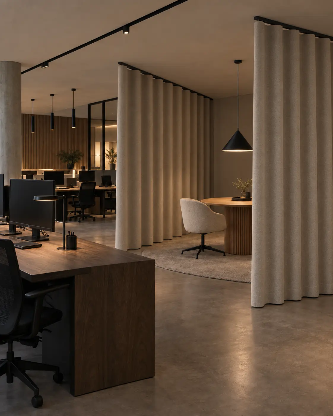 Open office with heavy folded acoustic curtains around a focus zone