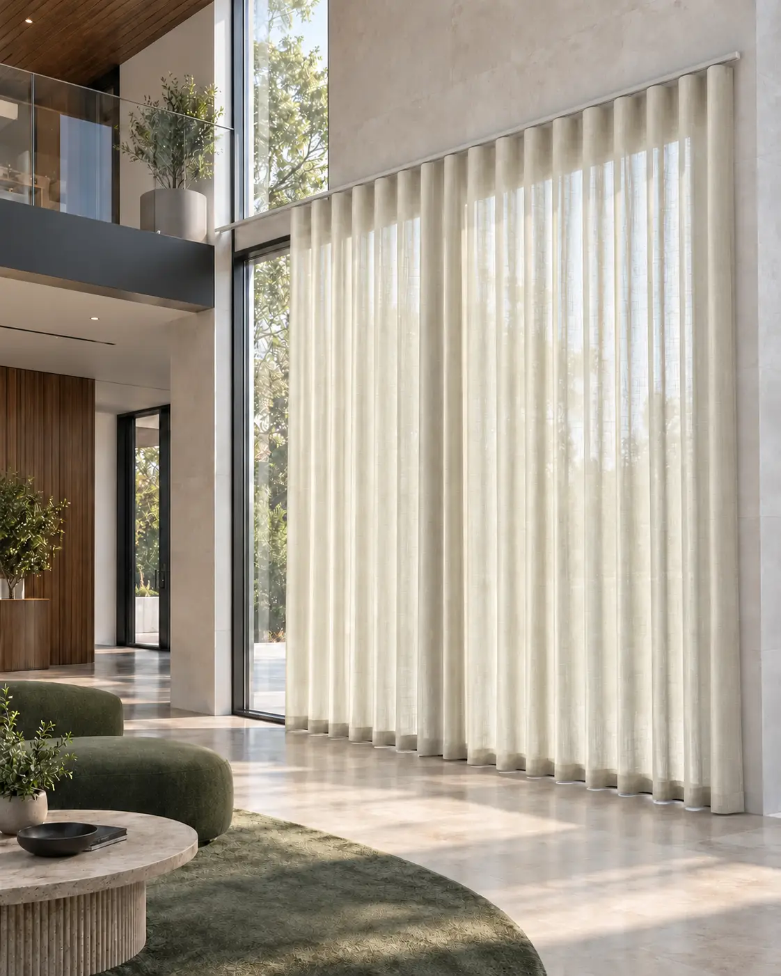 Tall glazed bay with a motorised Wave curtain on a slim visible track and concealed motor