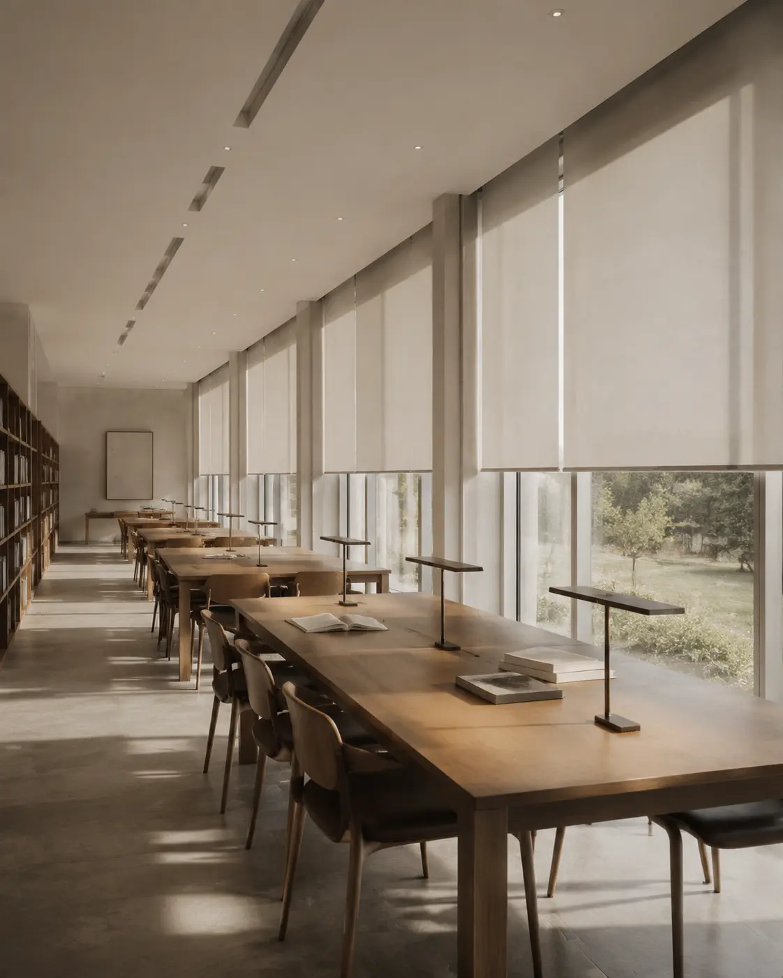 Library reading room with interior screens and even glare control
