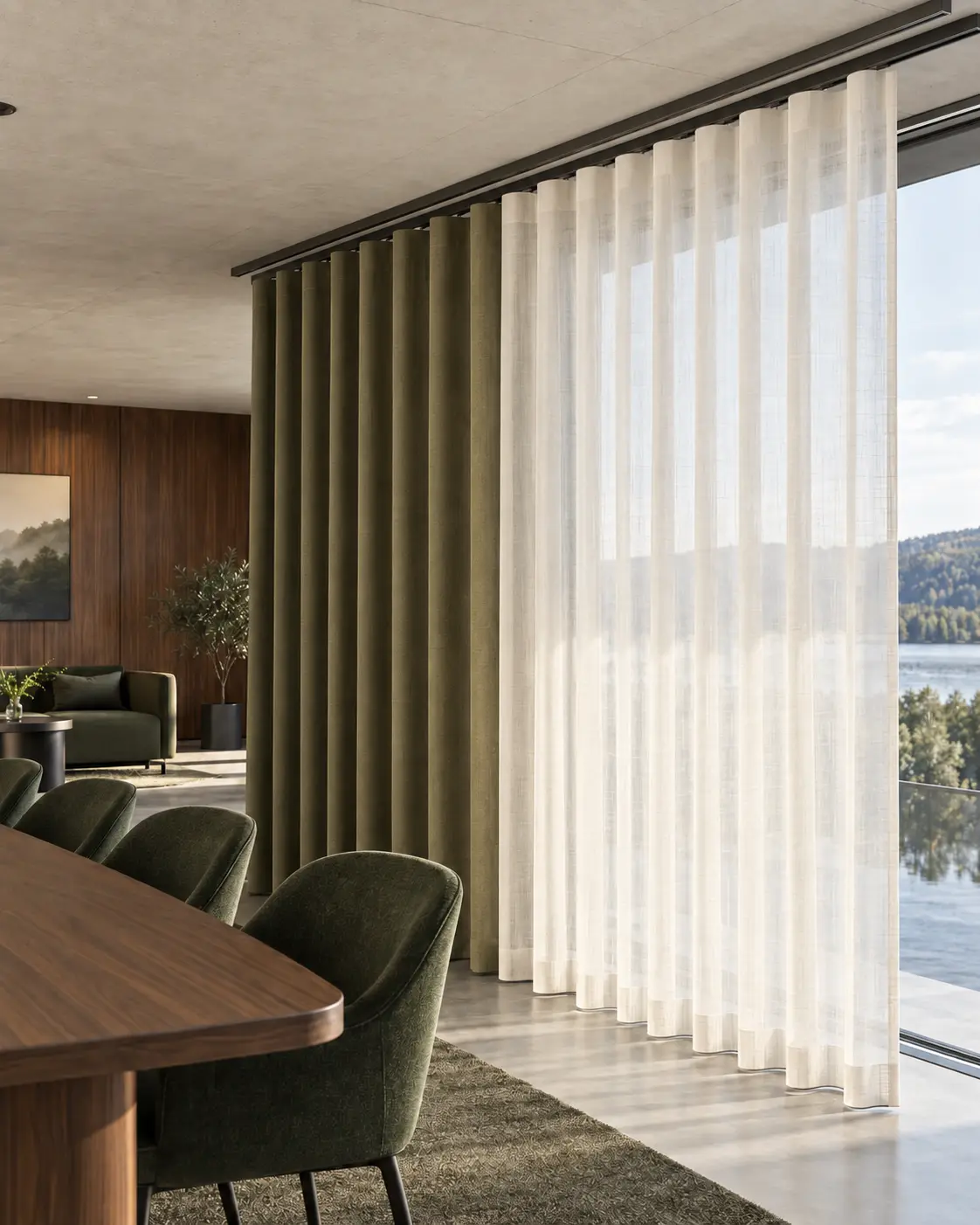 Visible slim surface-mounted double track under the ceiling with a curtain in wave folds