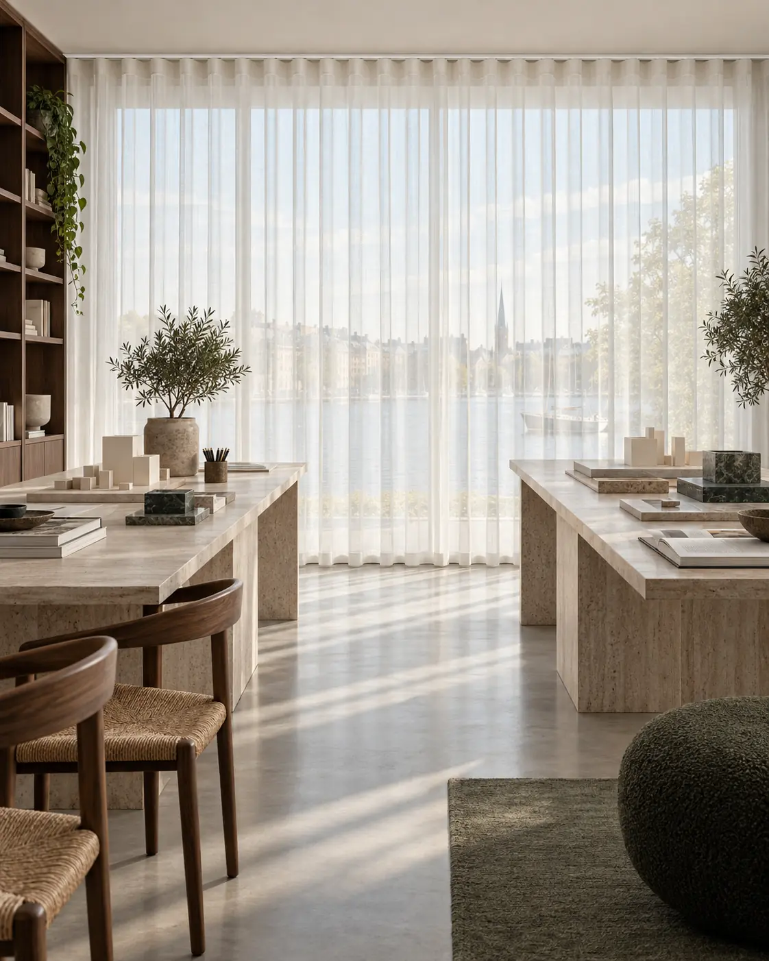 Work space with light sheer curtains in wave folds and filtered daylight